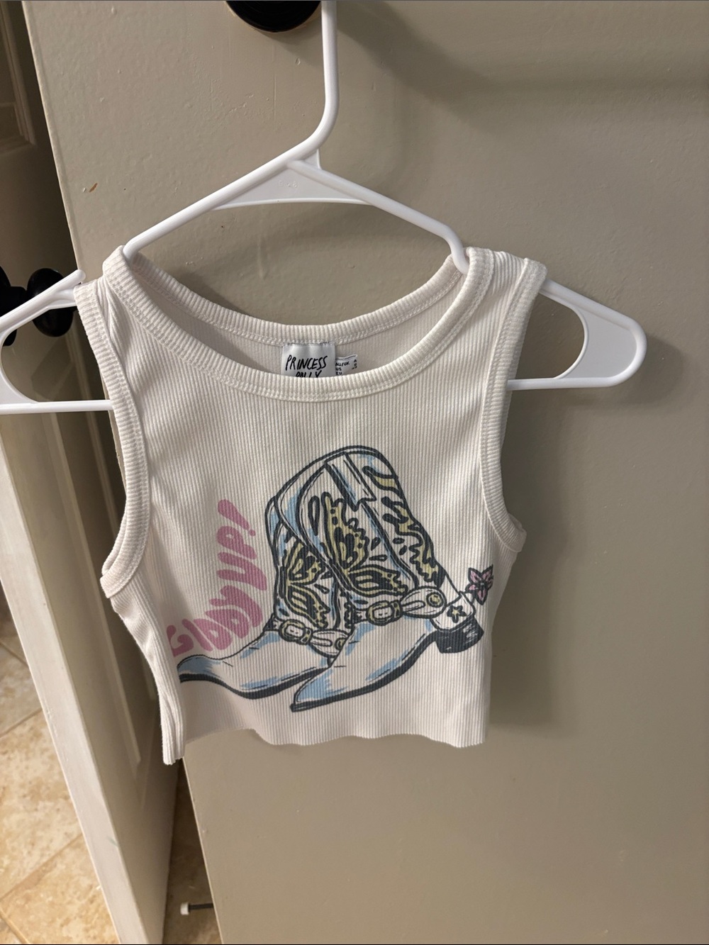 Princess Polly White Ribbed Tank with Pink & Blue Cowboy Boot Graphic